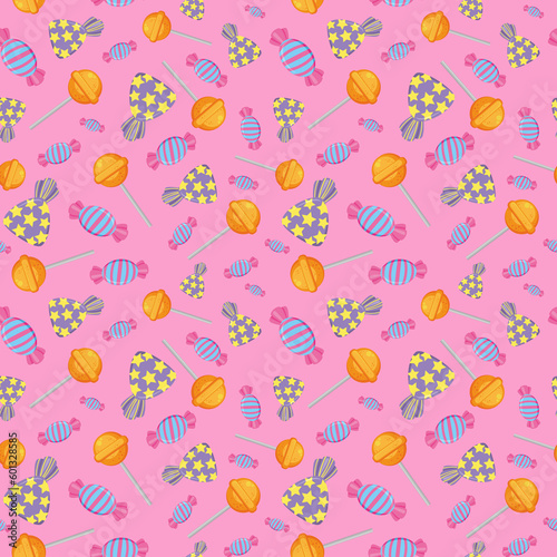 Illustration of a seamless repeating pattern of colorful lollipops and candy on pink background. Pattern with colorful candies. Repeatable candy pattern. For print, birthday party, school lessons