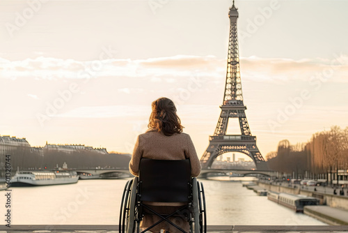 Exploring Paris as a wheelchair user. Back of disabled woman looking on Eiffel tower. Generative AI. © AS Photo Family