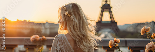 Once in Paris. Banner of back beautiful slim chic girl with long blond hair against Eiffel tower. Generative AI.