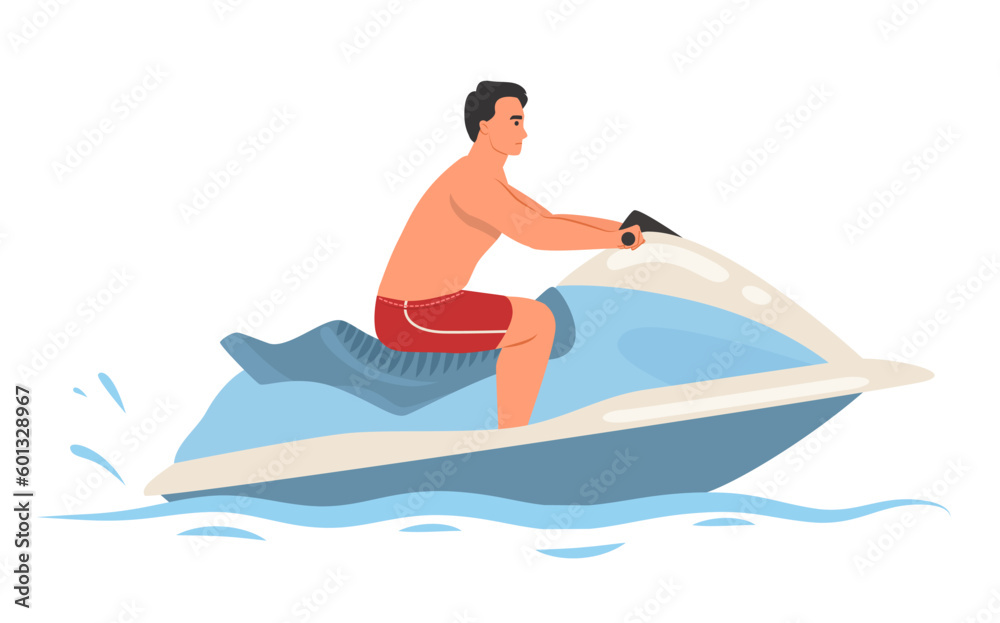 Young man character riding on water bike jet vector illustration