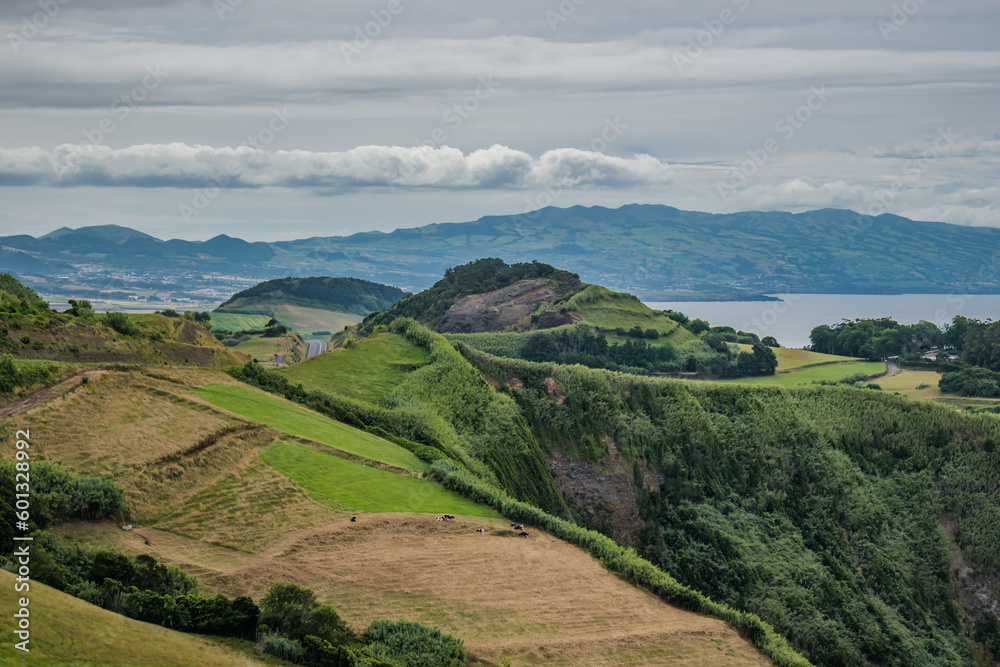 Vegetation and fields on hills, panorama with mountain gradient on the horizon in Ribeira Grande, São Miguel - Azores PORTUGAL