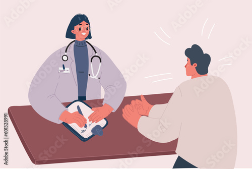 Vector illustration of Patient man talking to primary care physician woman at hospital office. Clinic appointment meeting with doctor, having conversation with medic about checkup results