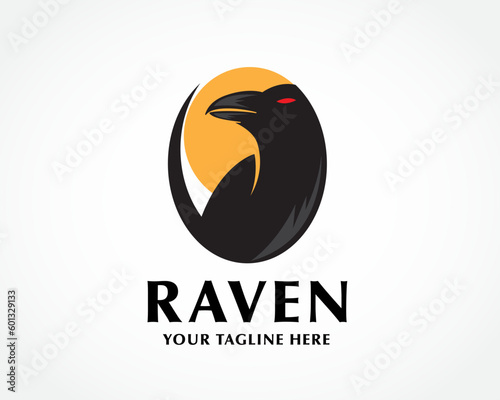 silhouette raven bird at circle emblem moon background logo design template illustration inspiration