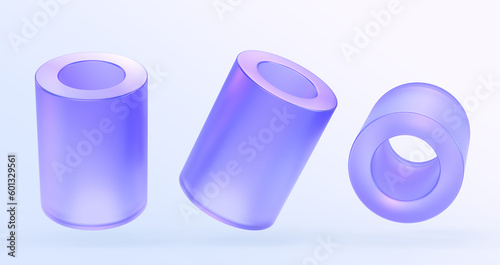 Purple hollow cylinder with gradient texture in different angle view, icons set 3d render. Geometric figures empty inside, tubes with circles or rings, isolated graphic elements. 3D illustration photo