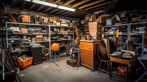 Interior garage sale, housewares, clothing, sporting goods and toys. generative ai