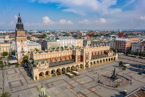 Kraków Cloth Hall - drone aerial view - Main Market Square on sunny day, Poland