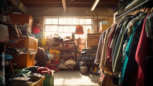 Interior garage sale  housewares  clothing  sporting goods and toys. generative ai