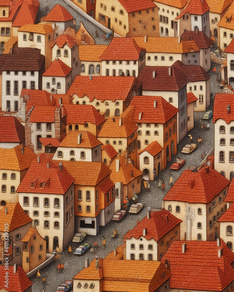 Painting of a small town, in the style of detailed patterns, cartoony, slovenian paintings, transportcore, realist detail. Created using AI.