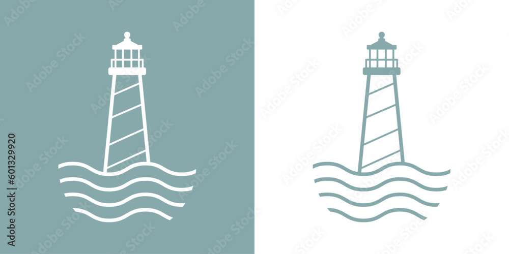 Logo Nautical. Icono de torre marítima en puerto. Faro de luz lineal con olas de mar