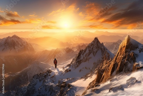 A lonely man stands in the mountains in winter and watches the sunset (Generative AI, Generativ, KI)