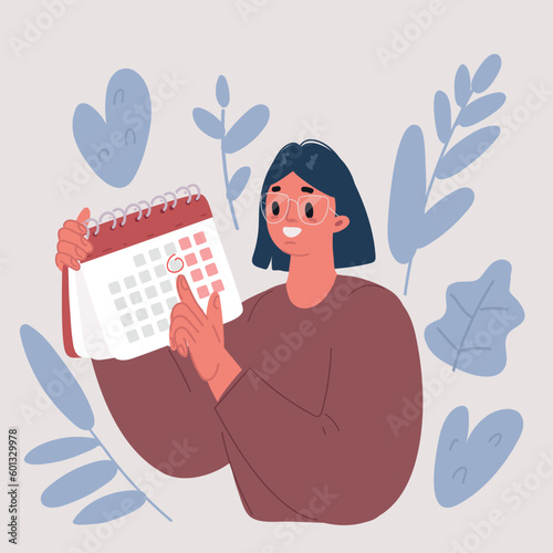 Vector illustration of Businesswoman holding calendar with notes on dates. Planning working month, shedule and time management, business planning and deadline concept.