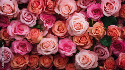Pink roses flat lay wallpaper or background. AI 
