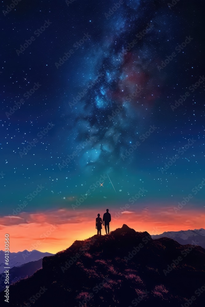 Fototapeta premium Dark silhouette of young couple hiker were standing at the top of the mountain looking at the stars at twilight sky. Generative AI