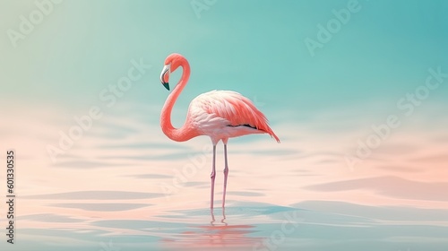 Beautiful flamingo in summer background. Illustration with soft sea waves. Generative AI © tanyastock