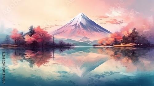 Beautiful scenic landscape of mountain Fuji with reflection on Shoji lake. Travel and twilight camping. Generative AI