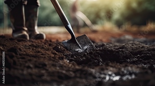 Worker digs the black soil with shovel in the vegetable garden. Generative AI
