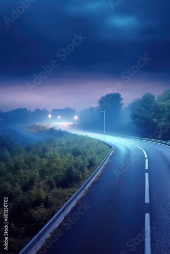Panoramic view of the empty highway through the fields in a fog at twilight. Moonlight, clear sky. Generative AI