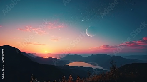 Clear twilight sunset sky with crescent moon background. Generative AI