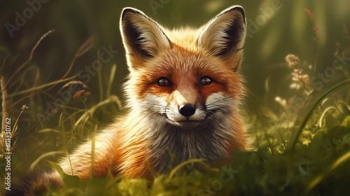 Red fox animal in green grass. Outdoor omnivorous mammal in wildlife. Animal in the field. Generative AI