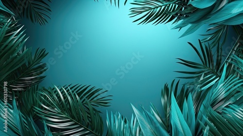 Tropical leaves on blue background. Paradise exotic plants illustration. Jungle leaves banner. Generative AI
