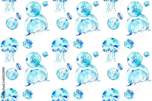 涼しげなクラゲの水彩イラスト。シームレスパターン。