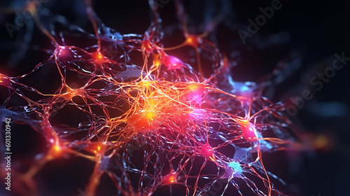 Fictitious glowing brain background with neural links network. Generative AI representing artificial intelligence neuronal activity