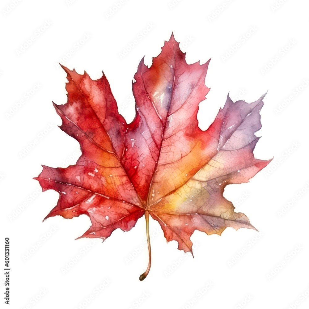 Watercolor illustration of a red maple leaf isolated on white background. Generative AI. Watercolor illustration of a red maple leaf isolated on white background. Generative AI.