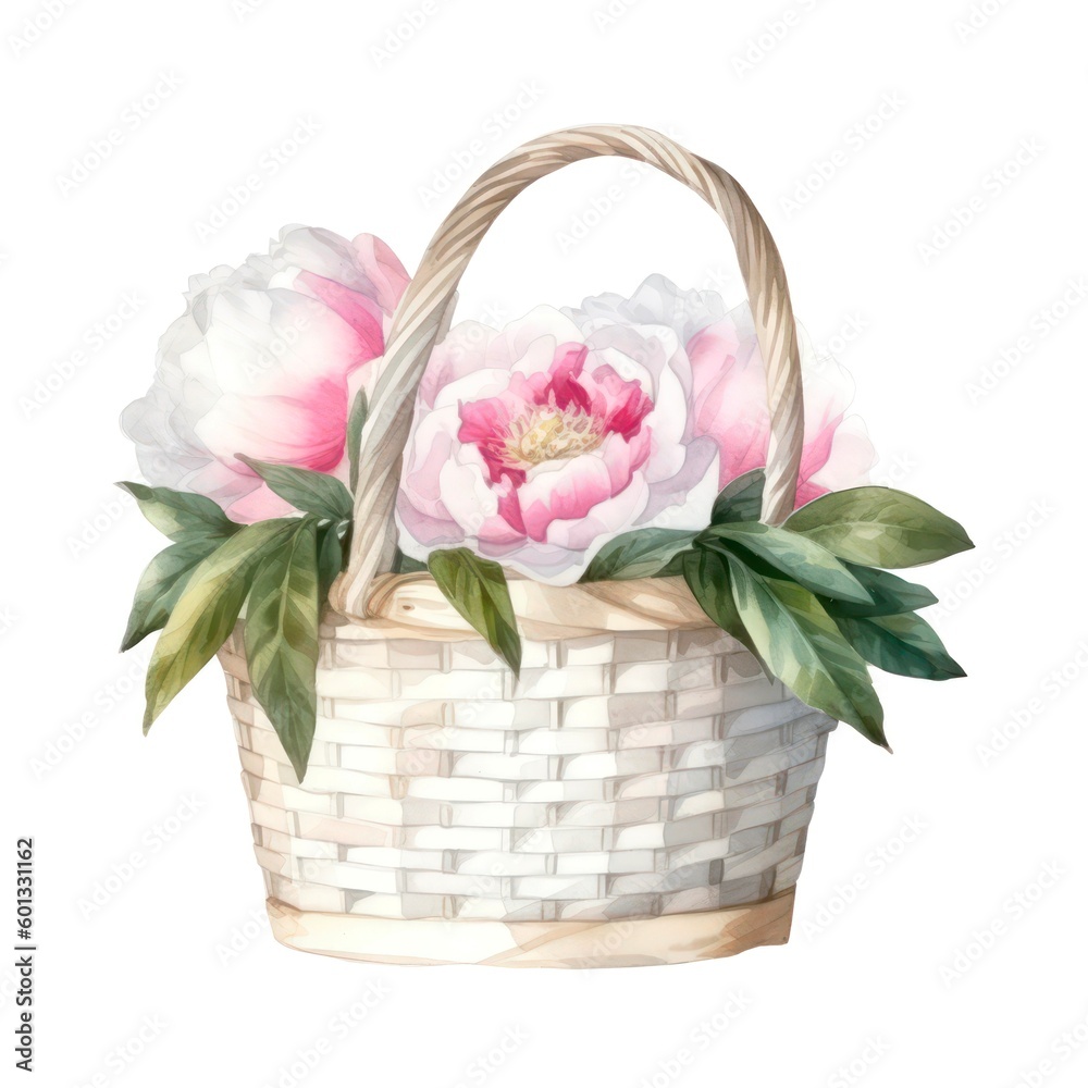 Wicker basket with white peonies in watercolor style. Generative AI.
