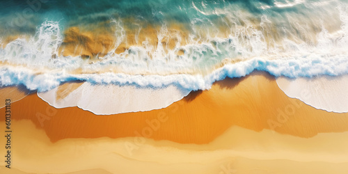 Ocean waves on sandy beach as a background. Aerial top down view of beach or sea with blue turqouise water  photo