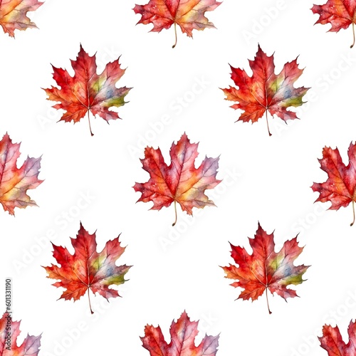 Seamless pattern with many red maple leaves isolated on white background in watercolor style. Generative AI.