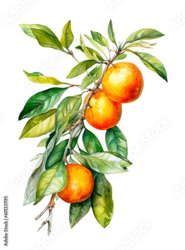 Watercolor illustration of a branch of ripe oranges isolated on white background. Generative AI.