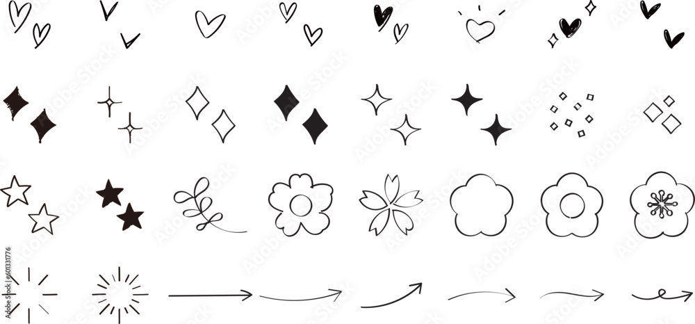 Obraz premium イラスト素材：かわいい手書きのあしらいセット（キラキラ・ハート・花・矢印・太陽）
