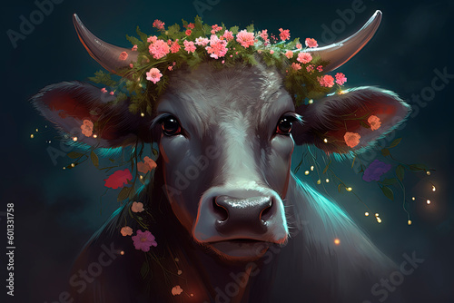 A cow with a wreath of flowers on its head. Generative AI
