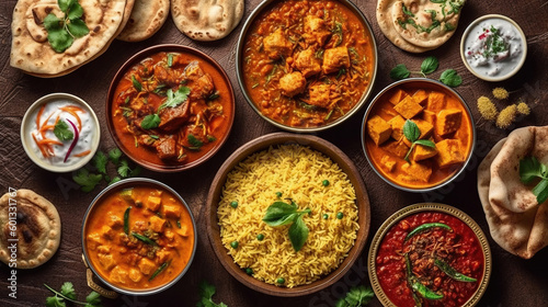 Top view of assorted indian curry and rice dishes. Generative Ai
