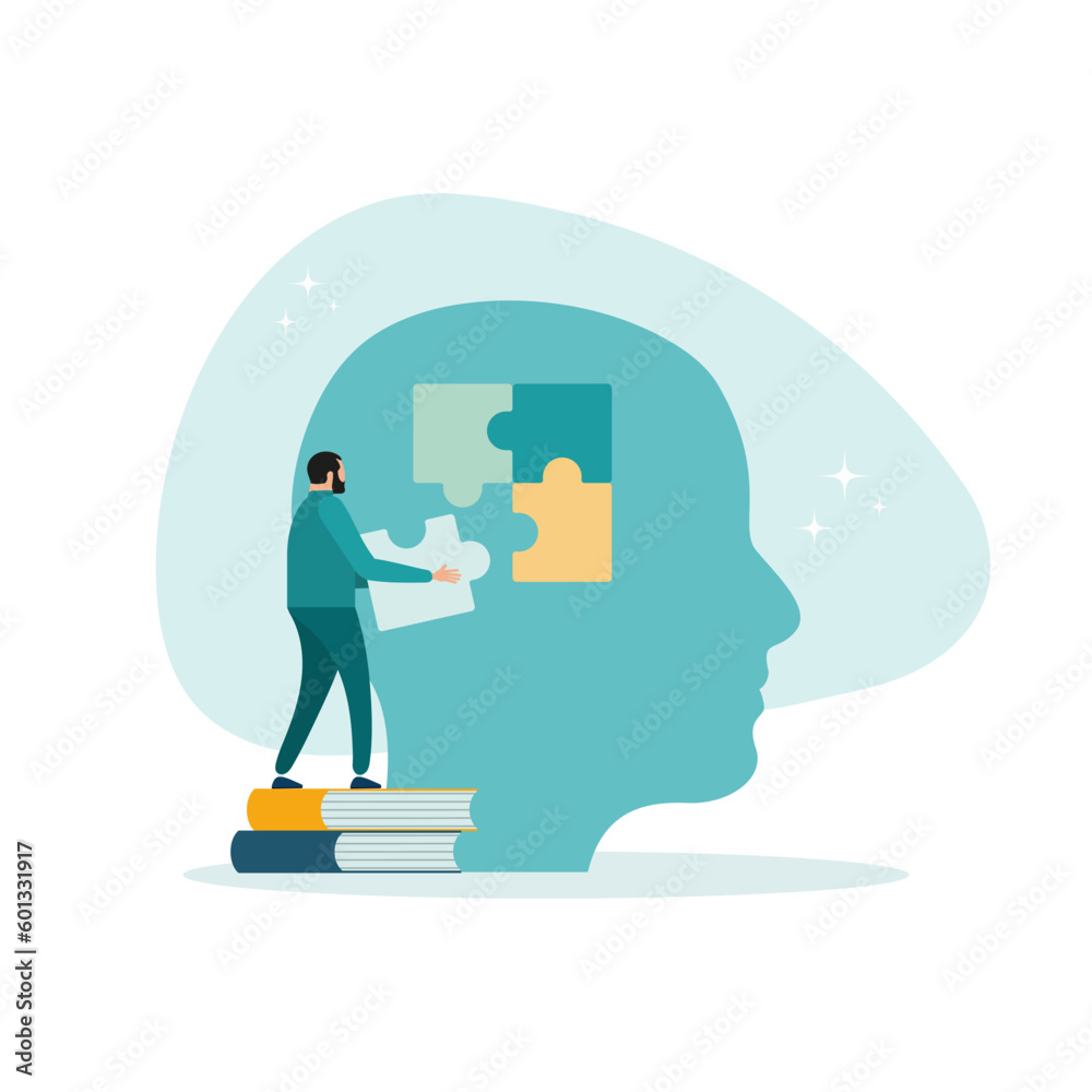 Mental health illustration. A character with a mental disorder struggles with stress, depression, burnout, and other psychological issues. The concept of psychotherapy. Vector illustration.
Mental health illustration. A character with a mental disorder struggles with stress, depression, burnout, and other psychological issues. The concept of psychotherapy. Vector illustration.