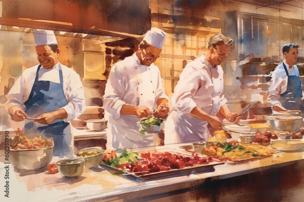 A gifted chef conducts a seminar masterclass in a bustling kitchen, demonstrating culinary techniques and presenting a beautifully plated dish. Watercolor style. Generative Ai. A gifted chef conducts a seminar masterclass in a bustling kitchen, demonstrating culinary techniques and presenting a beautifully plated dish. Watercolor style. Generative Ai.
