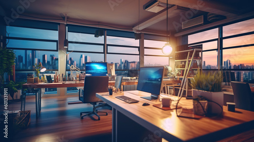 Blurred office workspace in the evening   interior workplace with cityscape for business presentation background  Generative AI