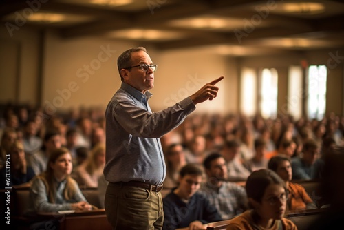 A knowledgeable professor conducts a seminar in a grand lecture hall, filled with eager students. The professor stands at the front of the room, gesturing. Generative Ai.