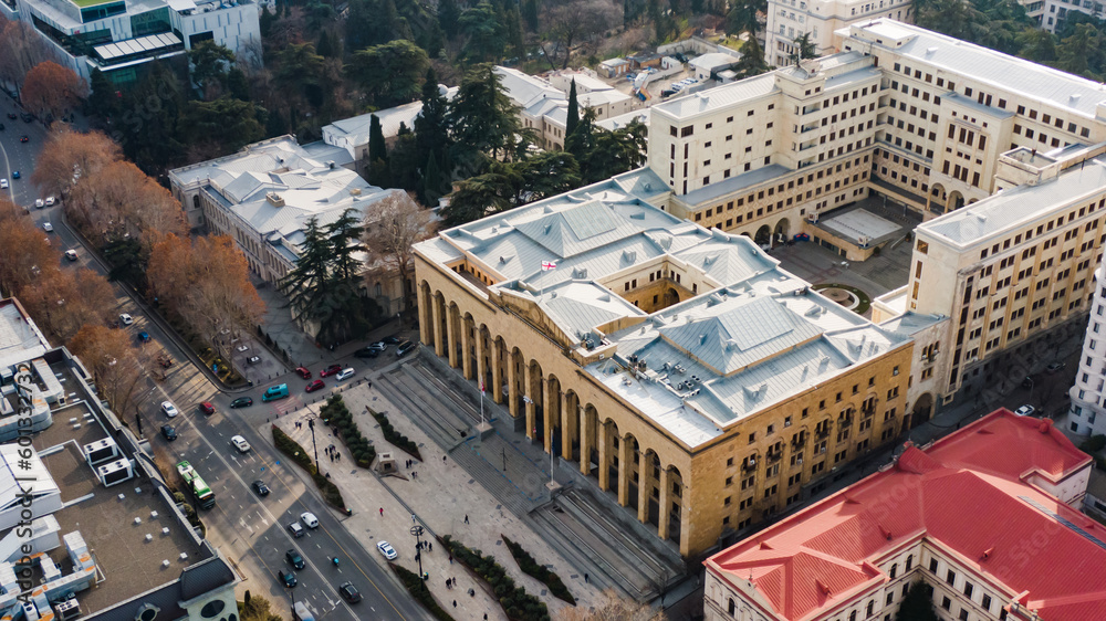 Aerial view of the house of the parliament in georgia in tbilisi, the historical center of the city