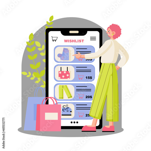 Cheerful female purchasing garments in online shop