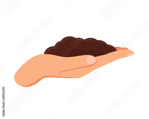 earth in hand, hand holding chernozem in palm, on white background, plant growing concept, seeds in hand,black earth, humus, chernozem, black soil, vector illustration in flat style