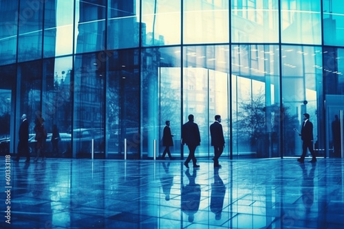 Business people walking next to an office building  with a blue theme color palette. The artwork captures the professional and dynamic environment of the corporate world. Ai generated