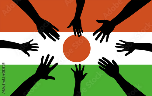 Group of Niger people gathering hands vector silhouette, unity or support idea
