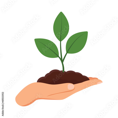 Sprouts in hand, hand holding chernozem in palm, on white background, plant growing concept, seeds in hand,black earth, humus, chernozem, black soil, vector illustration in flat style