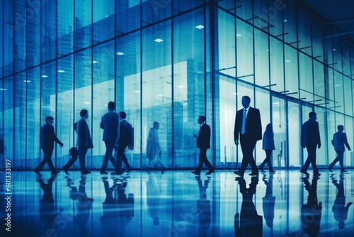 Business people walking next to an office building, with a blue theme color palette. The artwork captures the professional and dynamic environment of the corporate world. Ai generated