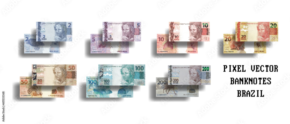 Vector set of pixelated mosaic banknotes of Brazil. Brazilian cash. The denomination of bills is 2, 5, 10, 20, 50, 100 and 200 reais. - obrazy, fototapety, plakaty 