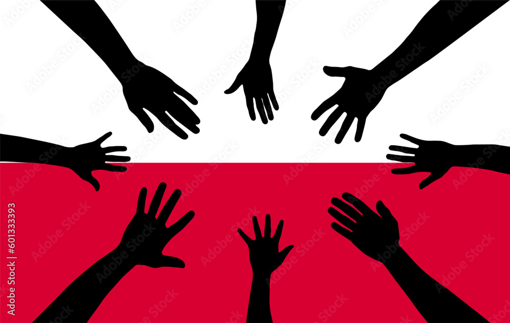 Group of Poland people gathering hands vector silhouette, unity or support idea Group of Poland people gathering hands vector silhouette, unity or support idea