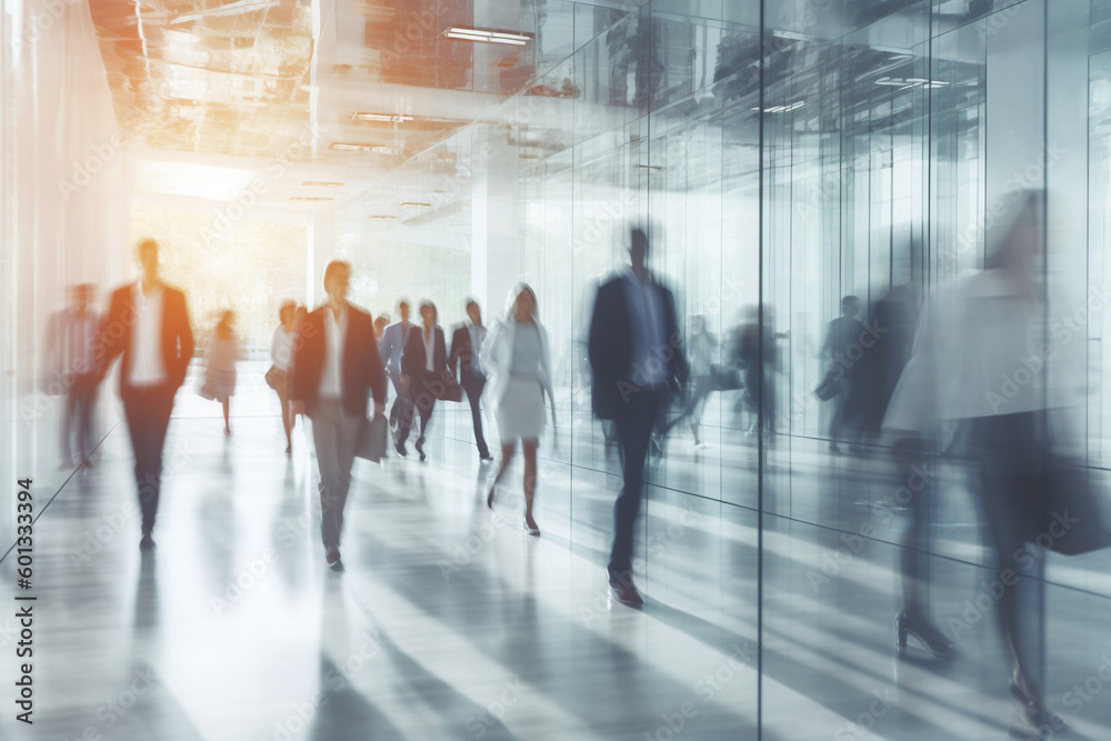 Blurred background of business people and activities inside an office building. The image captures the fast-paced and busy environment of the corporate world. Ai generated