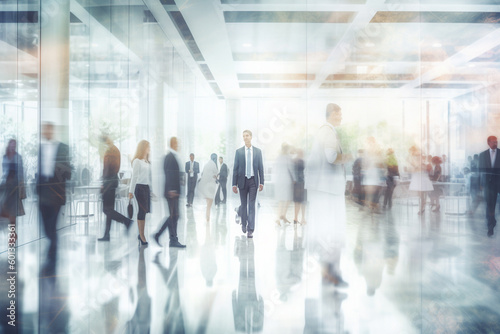 Blurred background of business people and activities inside an office building. The image captures the fast-paced and busy environment of the corporate world. Ai generated © twindesigner