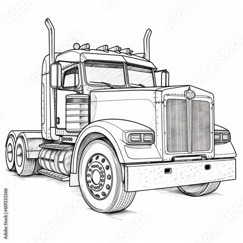 a black and white drawing of a semi truck